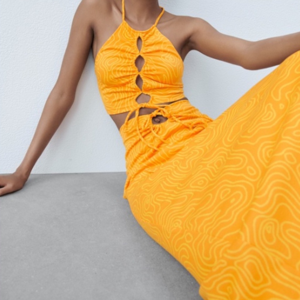 NEW  Zara Set-Cropped Orange Jacquard Top and Matching Skirt